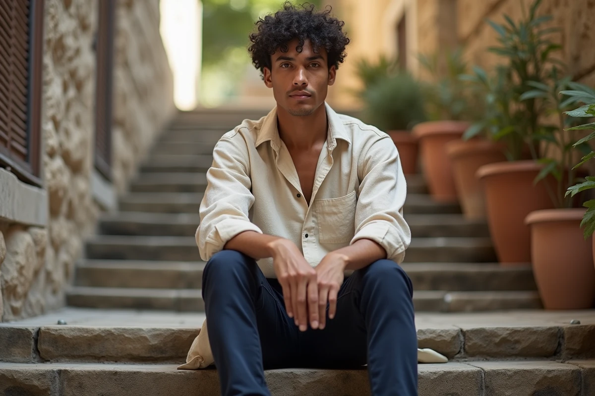 Jeune acteur élancé aux cheveux bouclés assis sur un escalier en pierre européen, portant une chemise en lin beige décontractée, illustrant la morphologie svelte d'une célébrité du cinéma