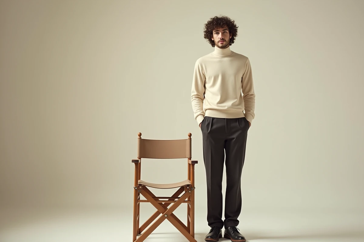Grand jeune homme mince en pull col roulé crème debout près d'une chaise de réalisateur dans un studio minimaliste, évoquant la taille et le style d'un acteur de cinéma reconnu