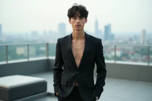Jeune acteur élancé en costume noir ajusté sur une terrasse urbaine, illustrant la silhouette mince et la prestance d'une star montante du cinéma