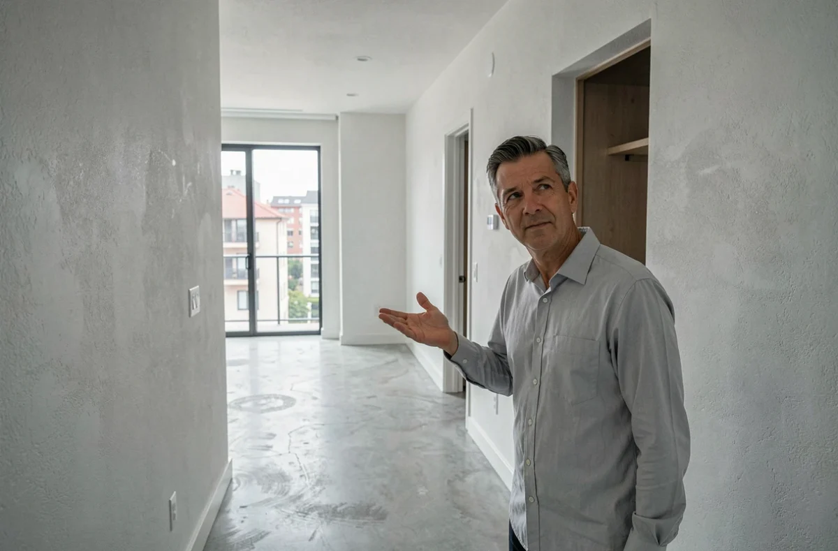 Agent immobilier présentant un appartement vide à louer dans un immeuble moderne