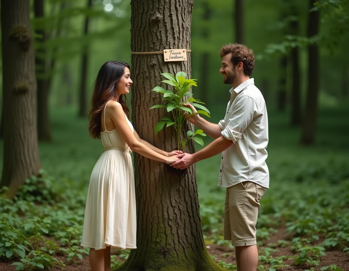 Couple plantant un jeune arbre en forêt avec une étiquette personnalisée à leurs noms, cadeau symbolique de mariage