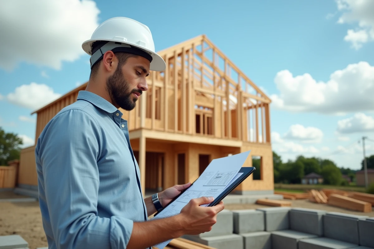 Architecte sur un chantier de construction de maison individuelle en ossature bois