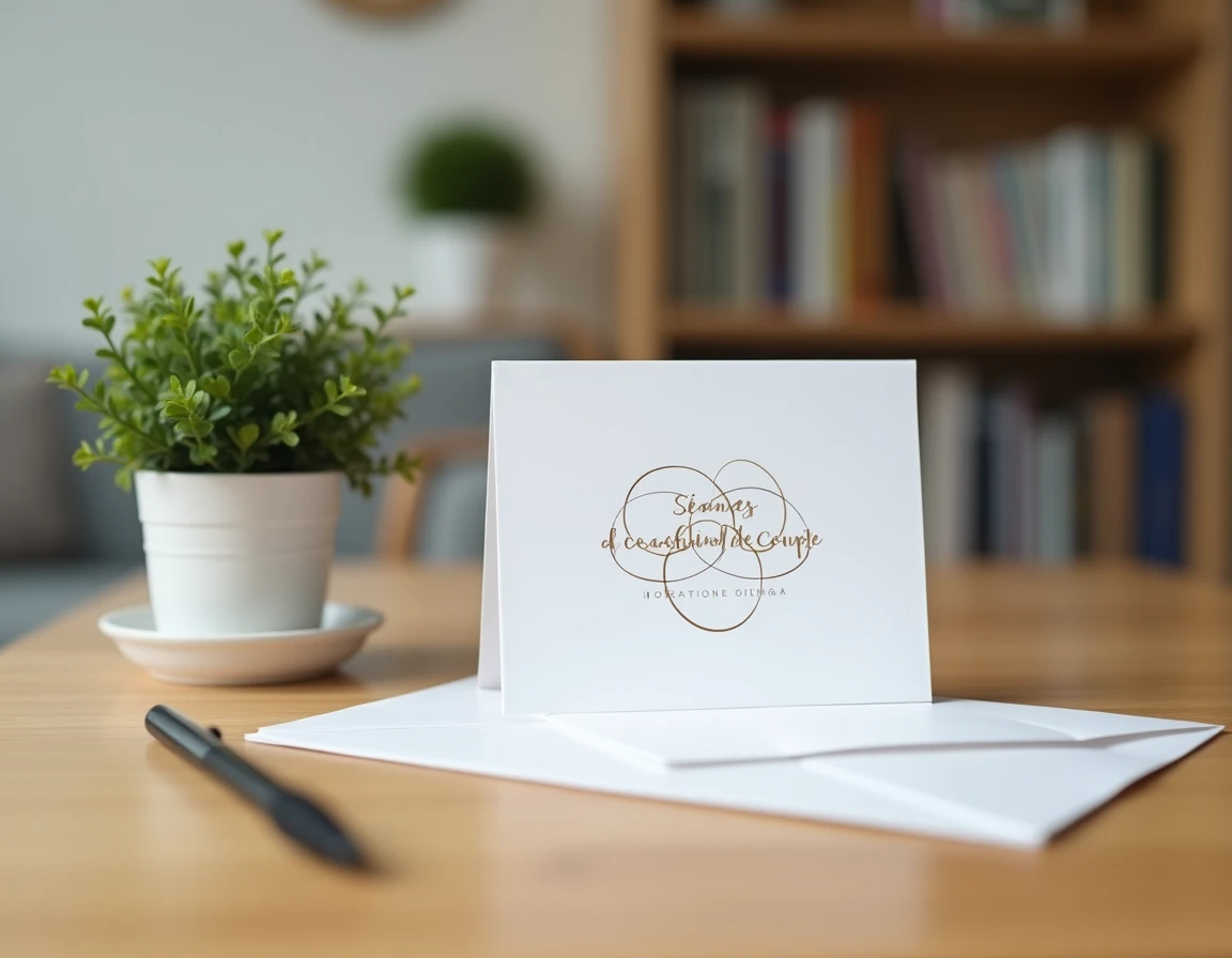 Carte cadeau pour des séances de coaching de couple posée sur un bureau en chêne avec plante et stylo