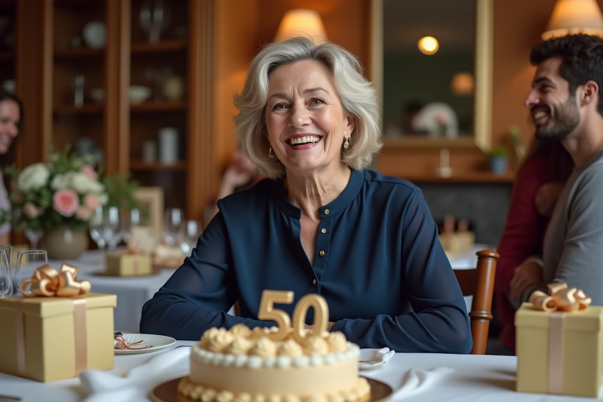 Femme de 50 ans entourée de cadeaux emballés lors d'un anniversaire en famille autour d'une table décorée