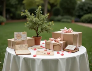 Table de cadeaux symboliques pour un mariage, avec objets personnalisés, livres photo, plante et lettres manuscrites dans un jardin