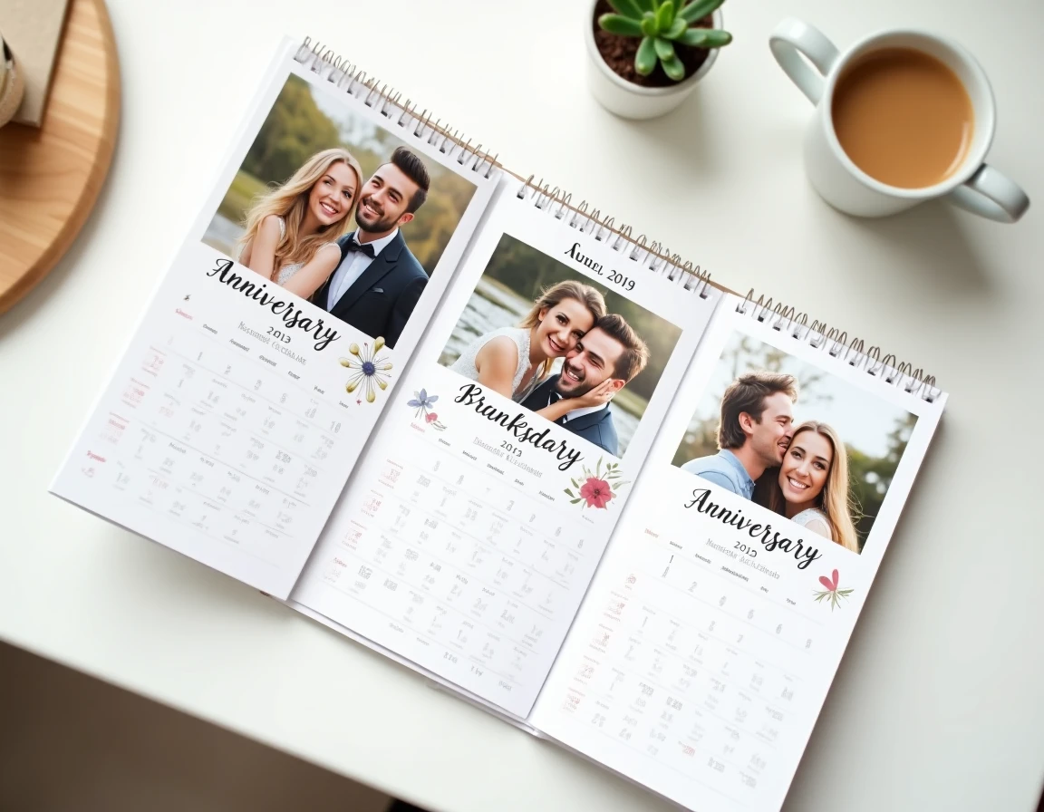 Calendrier personnalisé après-mariage avec photos du couple et dates anniversaires, posé sur une table blanche