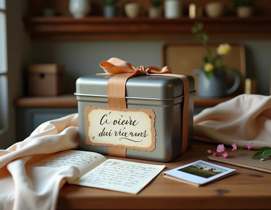Capsule temporelle métallique entourée de souvenirs de mariage avec étiquette manuscrite 'À ouvrir dans dix ans'