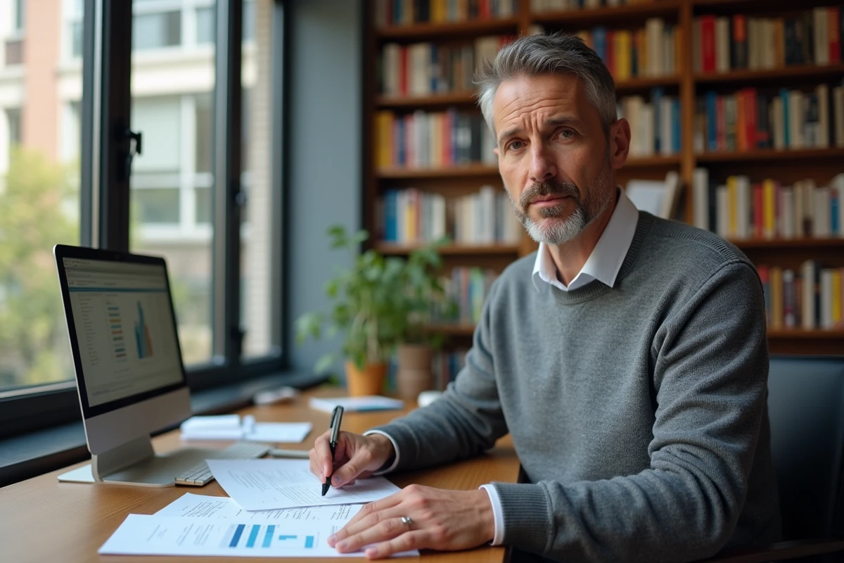 Chercheur senior CNRS dans son bureau universitaire consultant des documents sur la grille salariale