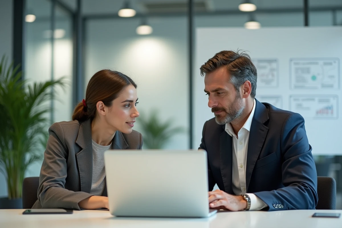 Deux chercheurs CNRS discutant des primes et avantages salariaux devant un ordinateur portable