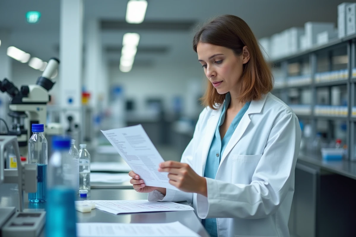 Chercheuse CNRS en blouse blanche consultant des données scientifiques dans un laboratoire moderne