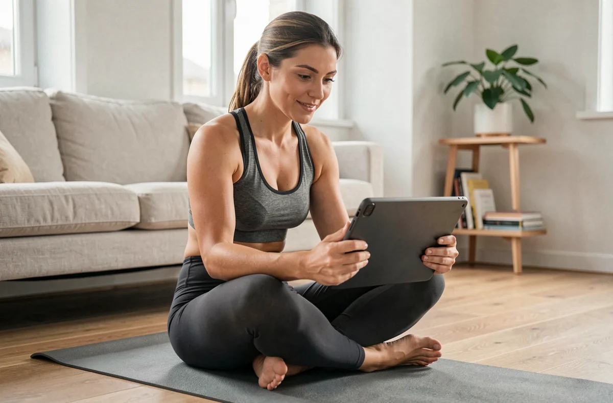 Femme pratiquant le coaching sportif en ligne depuis son salon sur une tablette, assise sur un tapis de yoga