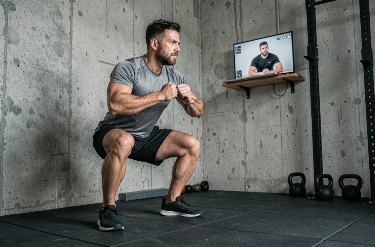 Homme réalisant des squats dans un home gym en suivant une séance de coaching sportif en ligne sur ordinateur portable