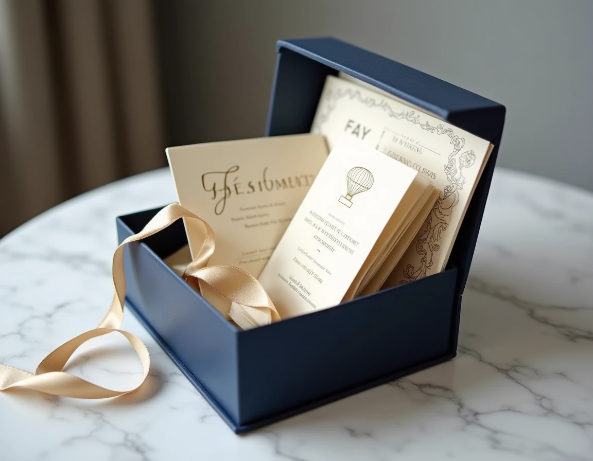 Coffret d'expériences à vivre en couple ouvert sur une table en marbre, avec bons cadeaux imprimés sur carton doré