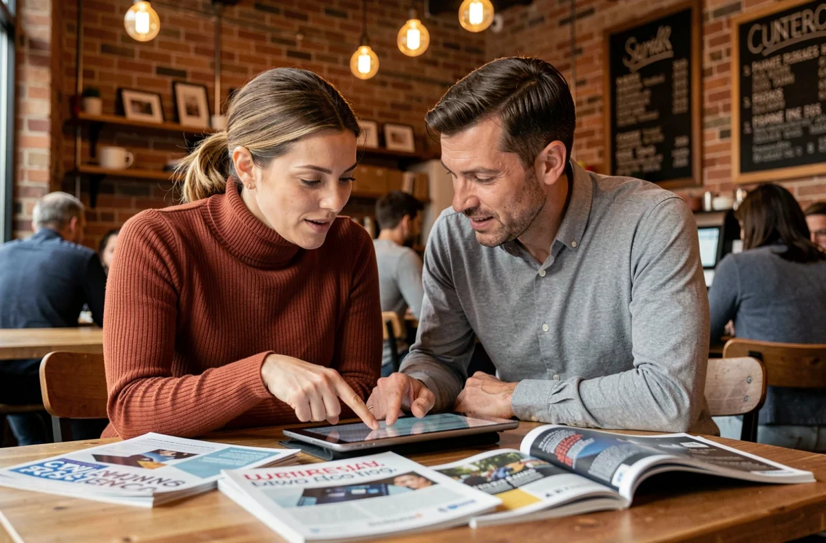 Deux collègues discutant des dernières tendances technologiques autour d'une tablette et de magazines tech dans un café urbain