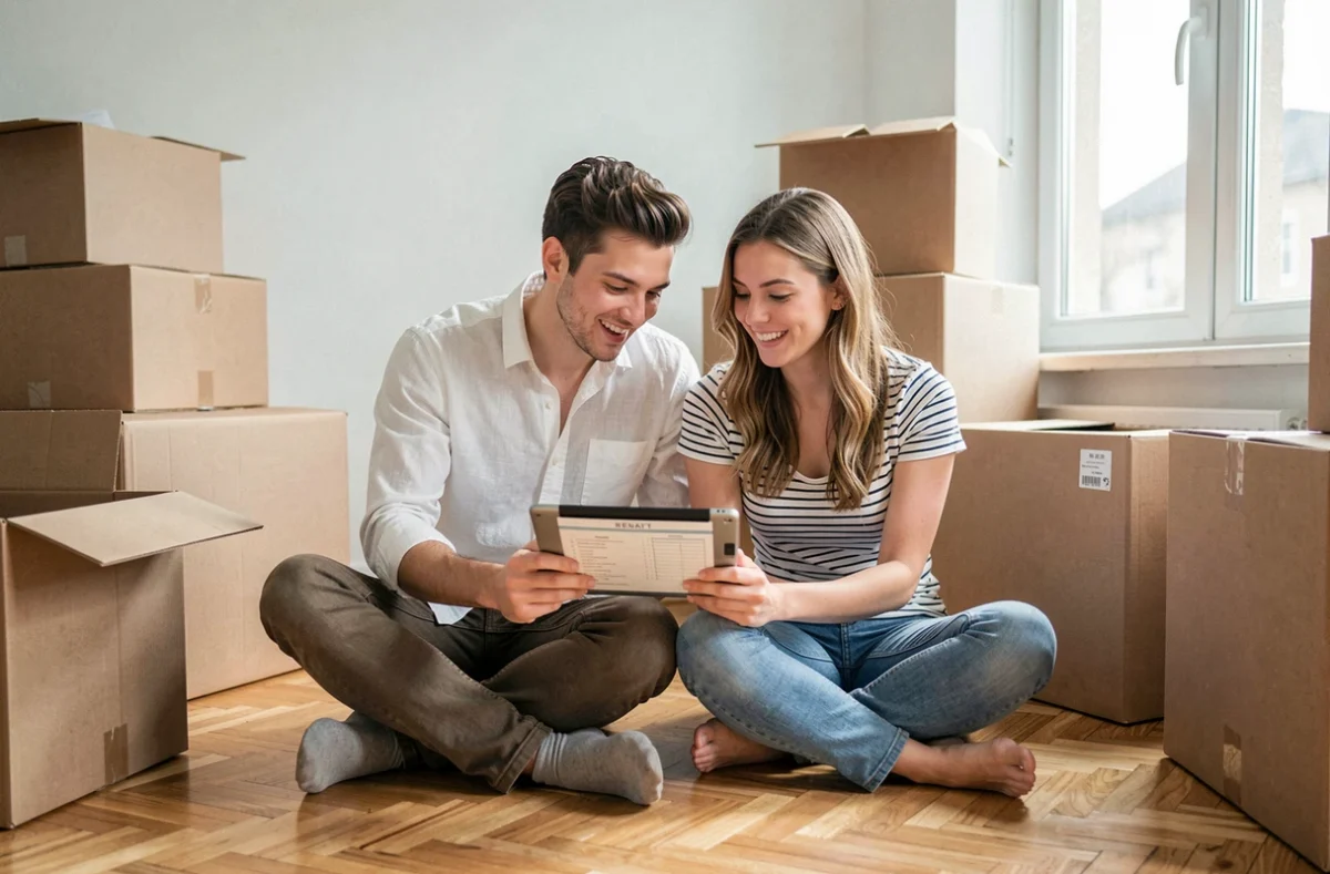 Jeune couple emménageant dans un appartement loué, consultant une liste de vérification sur tablette