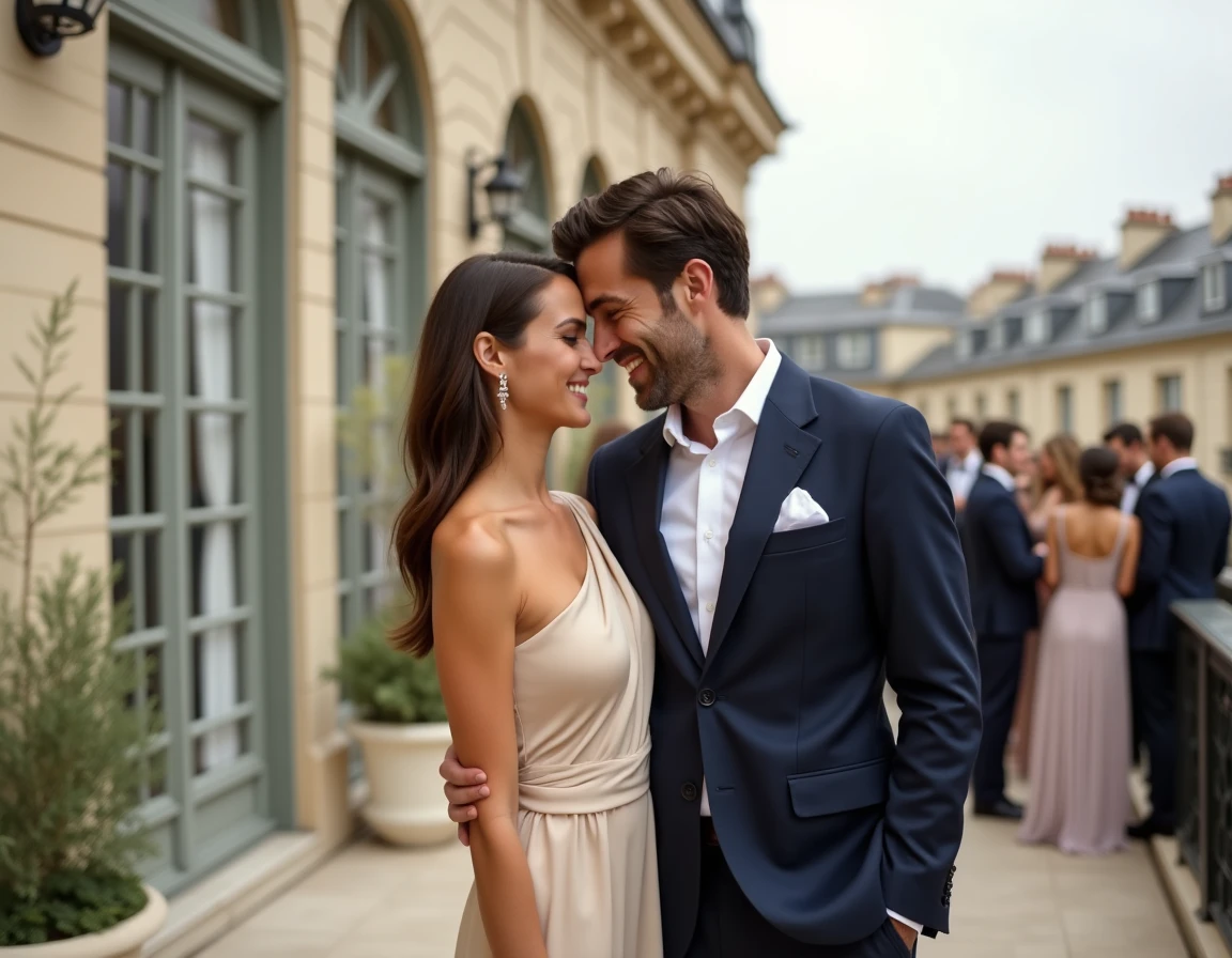 Couple de mariés partageant un moment intime sur une terrasse parisienne lors d'une cérémonie sobre et élégante