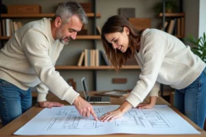 Couple étudiant des plans architecturaux pour la construction de leur maison sur-mesure