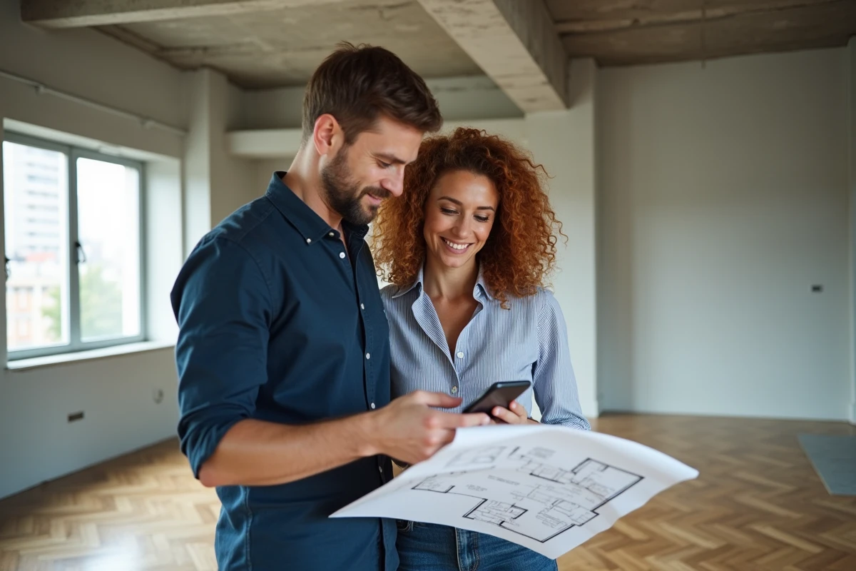 Couple visitant un appartement vide tout en consultant une annonce immobilière sur smartphone