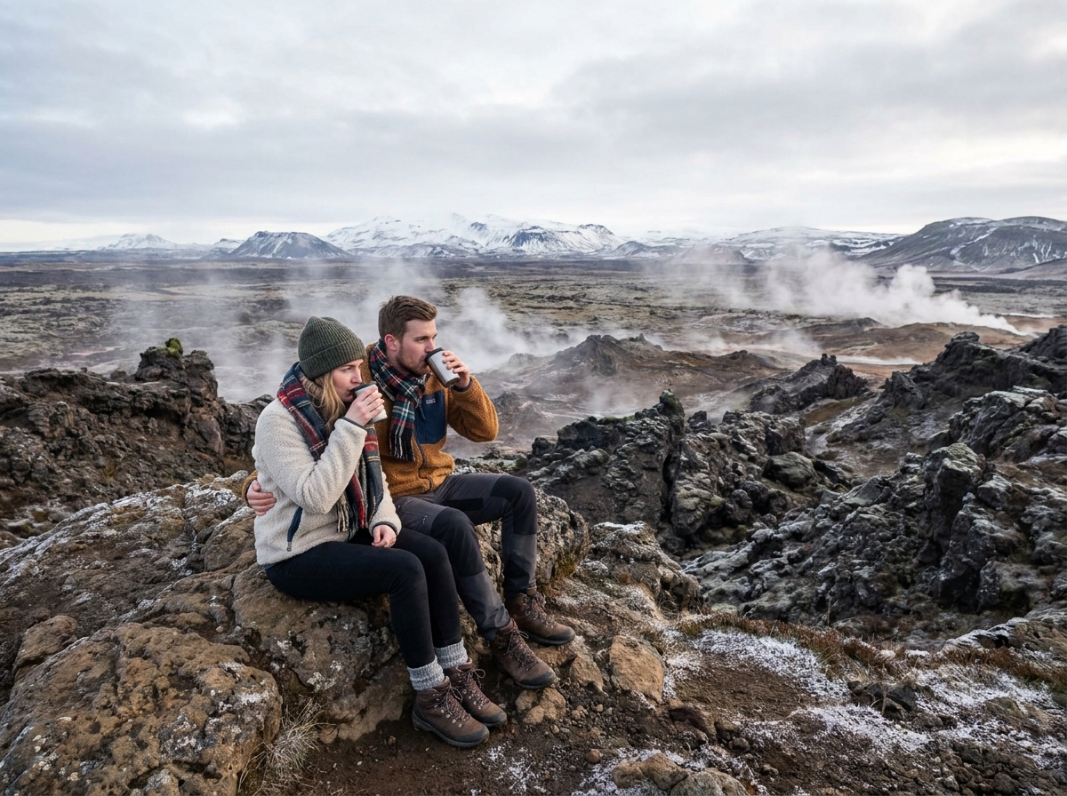 Jeune couple buvant dans un paysage volcanique