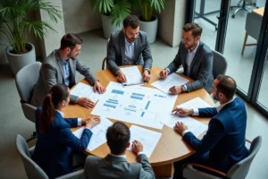 Équipe de professionnels analysant un organigramme de décentralisation organisationnelle autour d'une table de réunion moderne