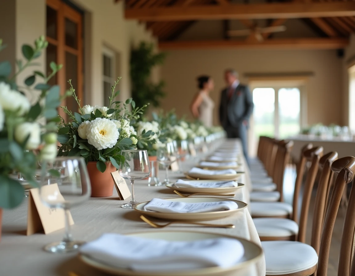Décoration de table de mariage champêtre chic dans une grange française avec couple en arrière-plan flou
