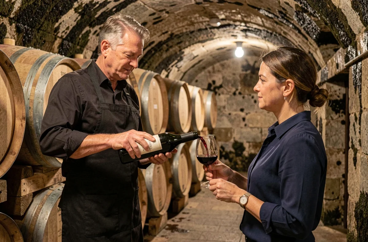 Dégustation de vin dans une cave voûtée traditionnelle de Gevrey-Chambertin avec un sommelier bourguignon