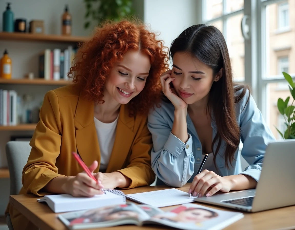 Deux femmes comparant des recommandations de salons de beauté locaux sur un ordinateur portable