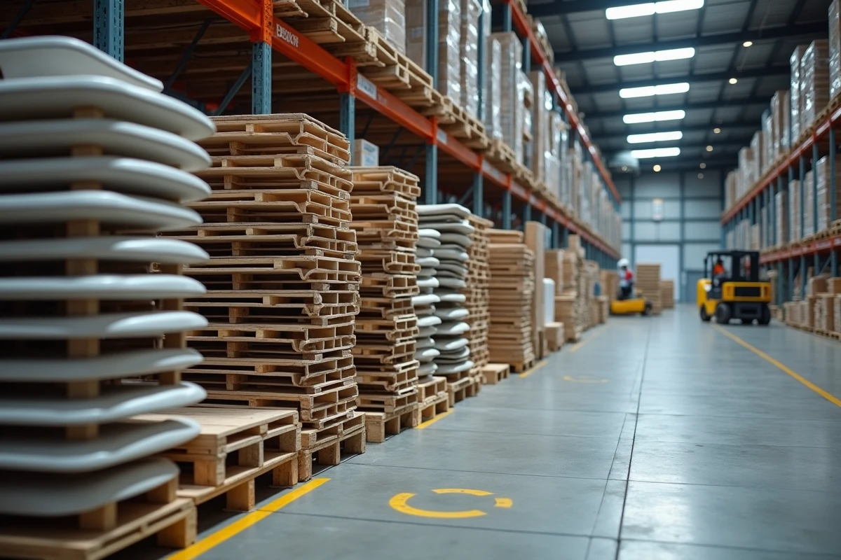 Palettes de mobilier de jardin Hespéride stockées dans un entrepôt logistique avant distribution