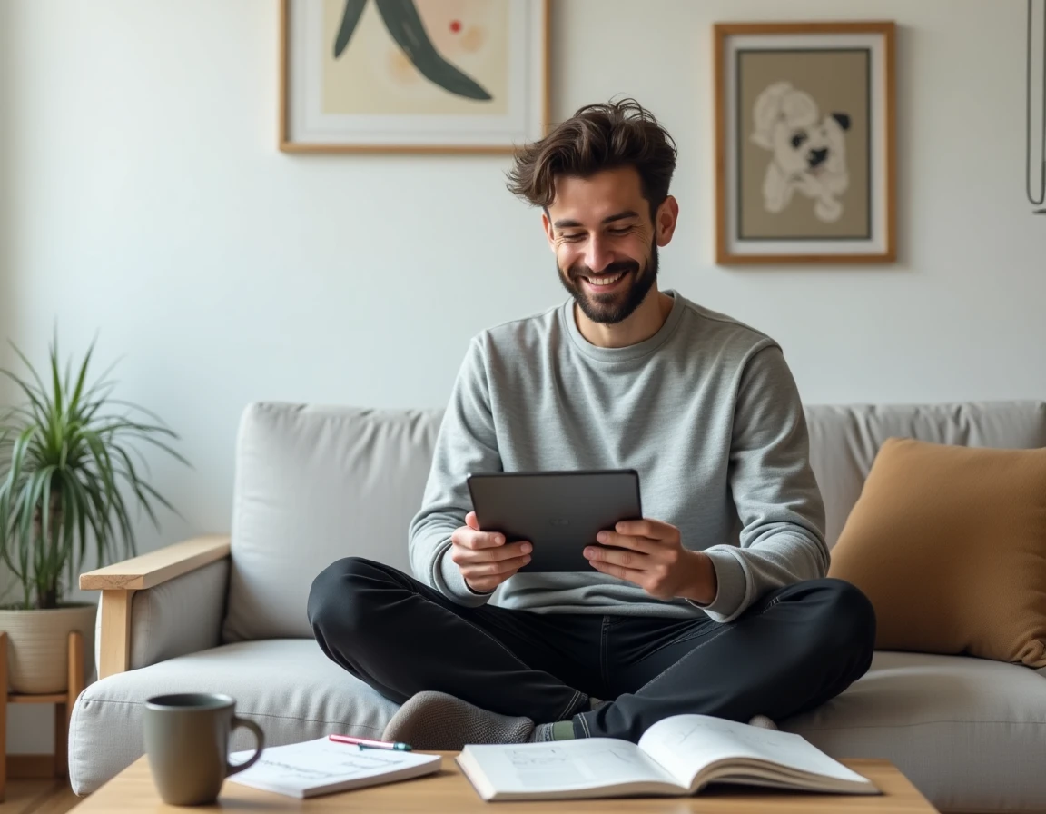 Jeune entrepreneur consultant les tendances du marketing digital sur une tablette dans un bureau à domicile minimaliste