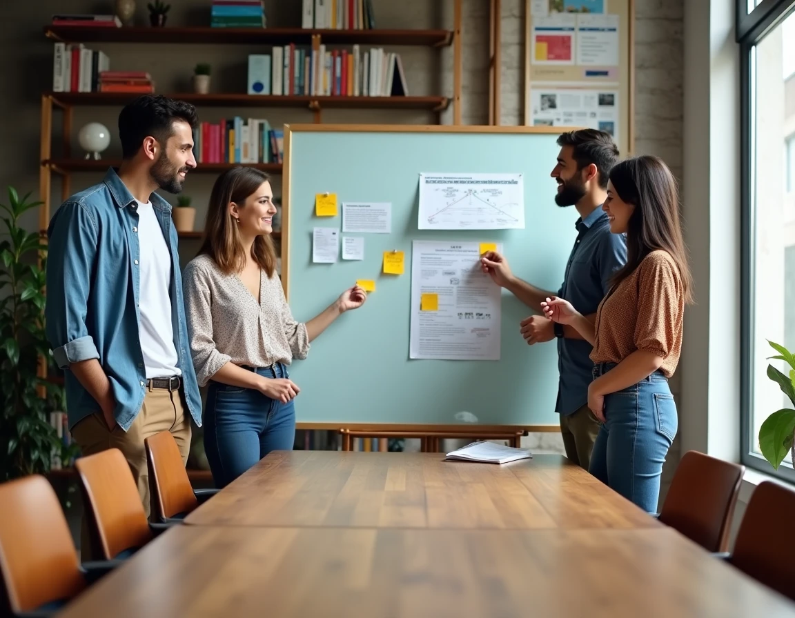 Équipe marketing collaborant sur une stratégie de contenu digital autour d'un tableau blanc dans une agence créative