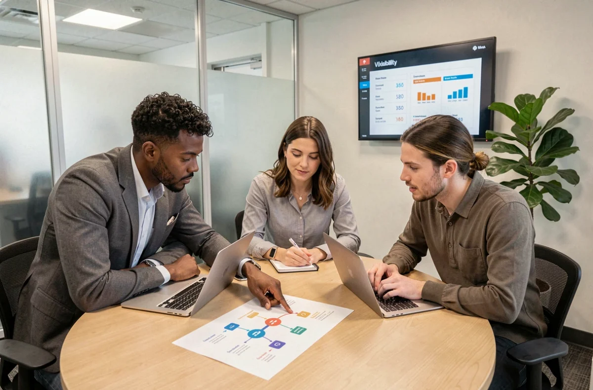 Équipe marketing collaborant autour d'une table de réunion pour définir une stratégie be to see