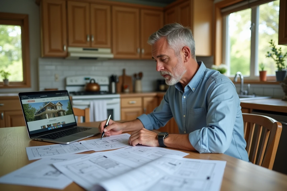 Homme étudiant des documents immobiliers et des plans de propriété à la table de sa cuisine