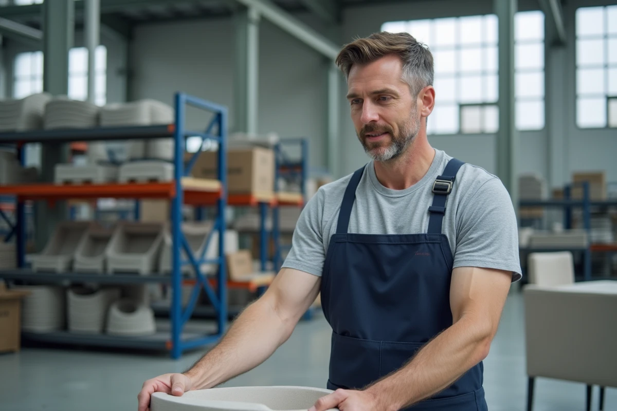 Artisan inspectant une chaise de jardin en résine dans un atelier de fabrication de mobilier d'extérieur