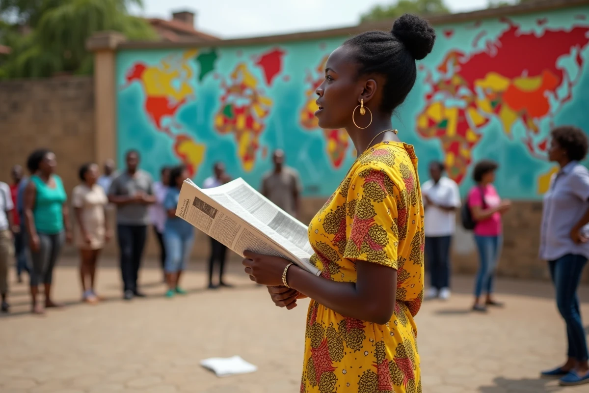 Jeune femme africaine en robe ankara prenant la parole dans une place publique de Nairobi devant une fresque représentant le continent africain
