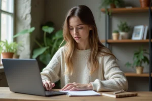 Jeune femme au bureau à domicile travaillant sur son ordinateur