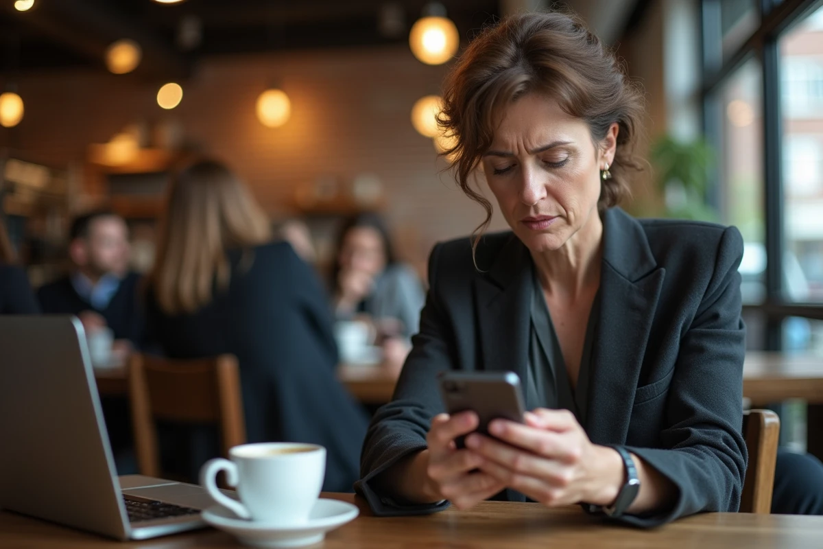 Femme d affaires inquiète dans un cafe