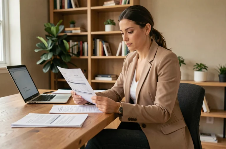 Femme en blazer beige examinant un contrat de location immobilière à son bureau à domicile