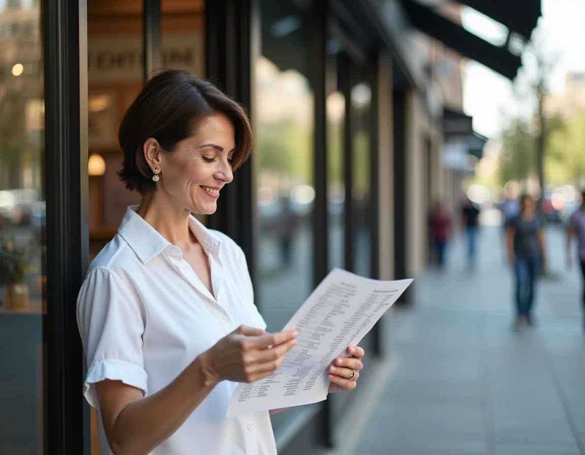 Femme devant une façade de salon de beauté en ville avec une liste d'adresses en main