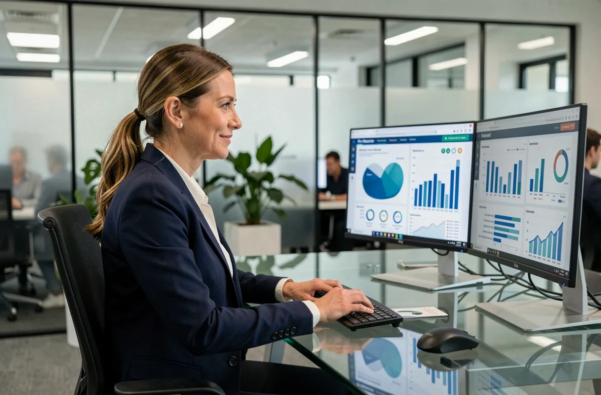 Femme entrepreneur analysant des tableaux de bord digitaux sur des écrans dans un bureau moderne pour booster son entreprise