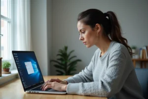 Femme devant un ordinateur portable affichant une erreur no label sur une interface de gestion de fichiers Arkevia