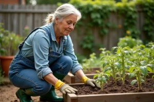 Femme jardinière épandant du fumier de cheval autour de plants de tomates dans un potager surélevé
