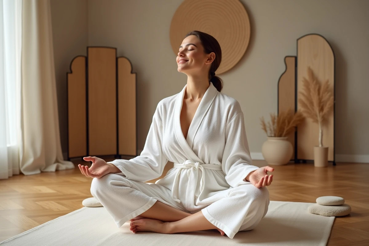 Jeune femme méditant dans un studio zen à Paris
