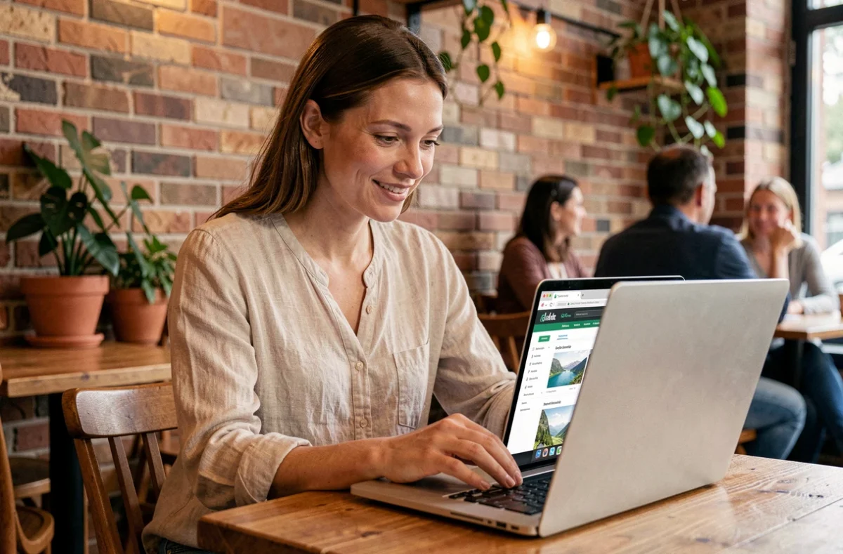 Femme consultant un sitemap de guide de voyage sur son ordinateur portable dans un café