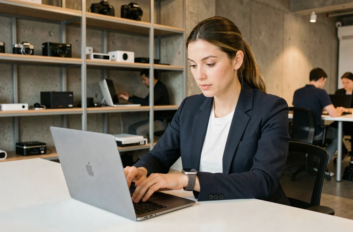Femme professionnelle consultant les dernières actualités tech sur un ultrabook dans un bureau moderne connecté