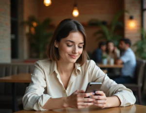 Femme consultant les avis d'instituts de beauté sur son smartphone dans un café