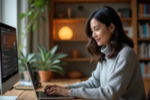 Femme consultant des annonces immobilières en ligne sur un ordinateur portable dans un bureau à domicile