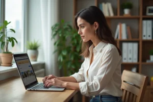 Femme en blouse et jeans recherche immobilier sur ordinateur