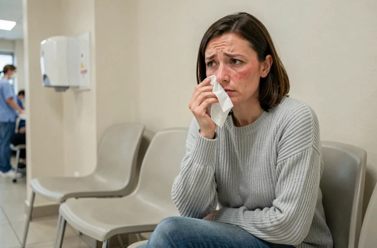 Femme fatiguée dans une salle d'attente médicale présentant des symptômes atypiques du variant Covid 2026
