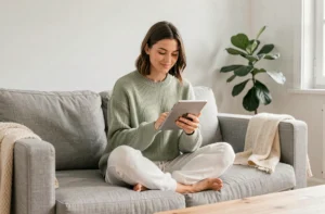 Femme consultant des tendances santé et bien-être sur une tablette dans un salon moderne et épuré