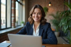 Femme professionnelle en visioconference dans un espace de coworking parisien